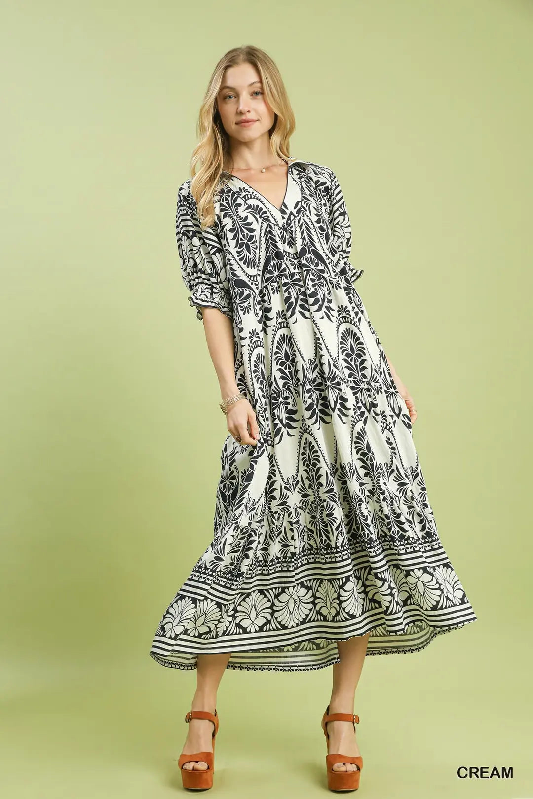 Umgee Two tone Border Print Midi Dress - CREAM / S