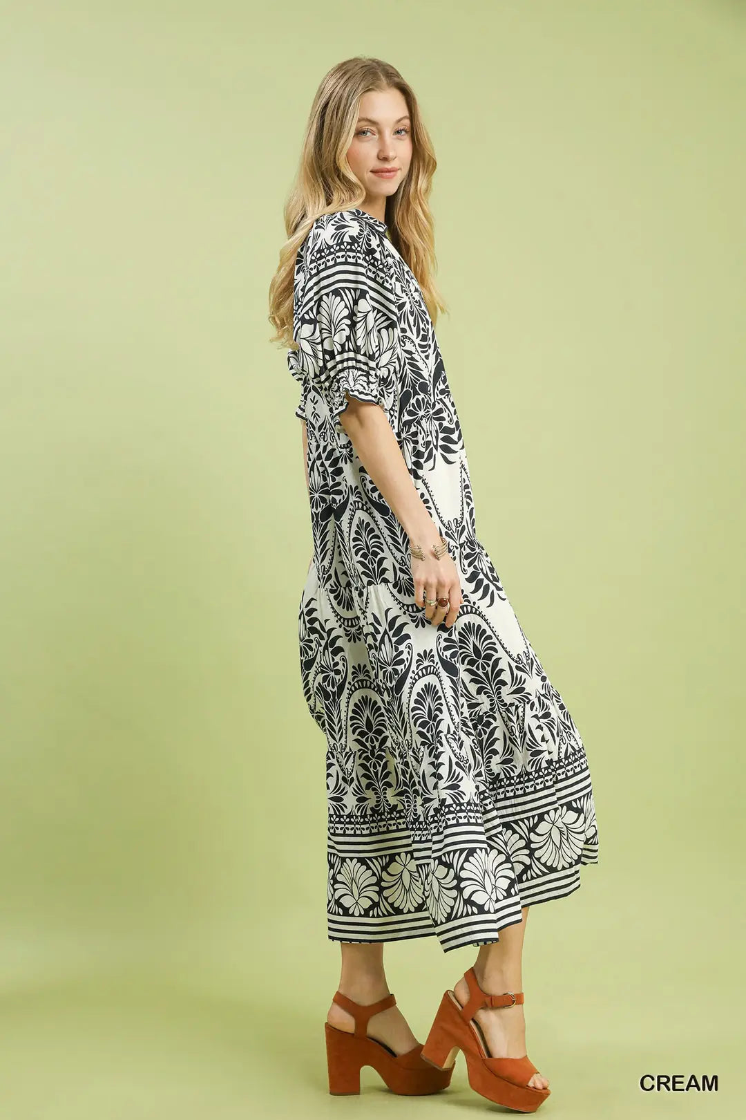Umgee Two tone Border Print Midi Dress - CREAM / S