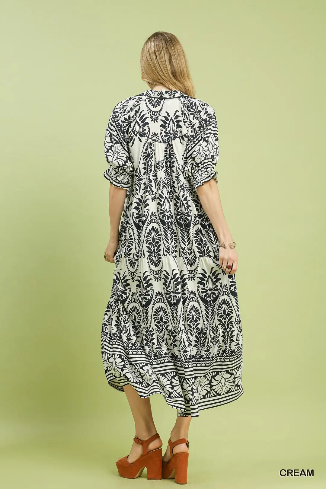 Umgee Two tone Border Print Midi Dress - CREAM / S