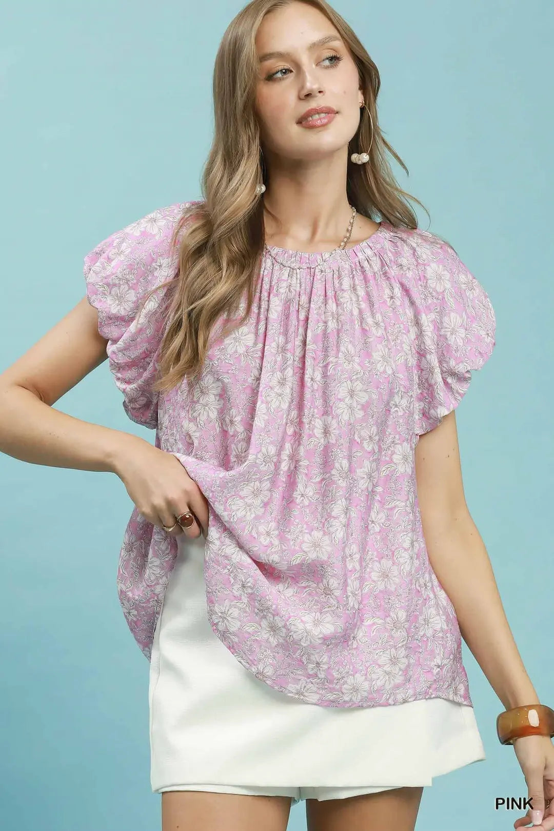 Umgee Umgee Floral Puff Sleeve Blouse - Pink - PINK / S