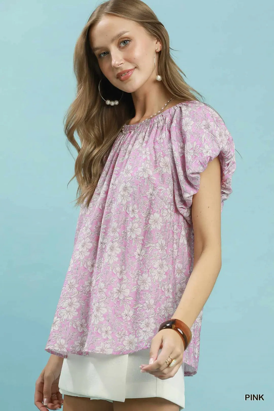 Umgee Umgee Floral Puff Sleeve Blouse - Pink - PINK / S