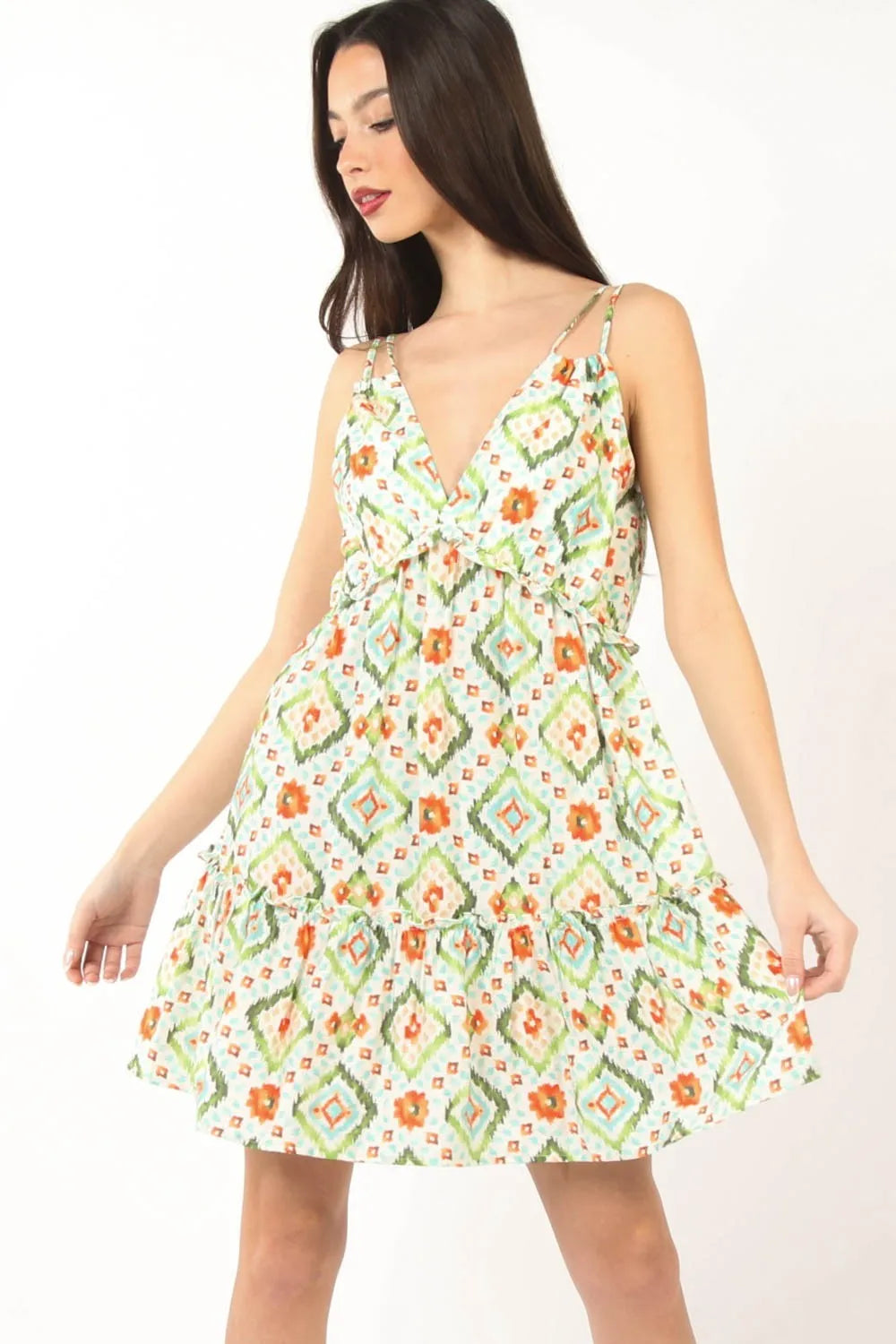 VERY J Floral Back Smocked Ruffled Mini Dress - Green / S