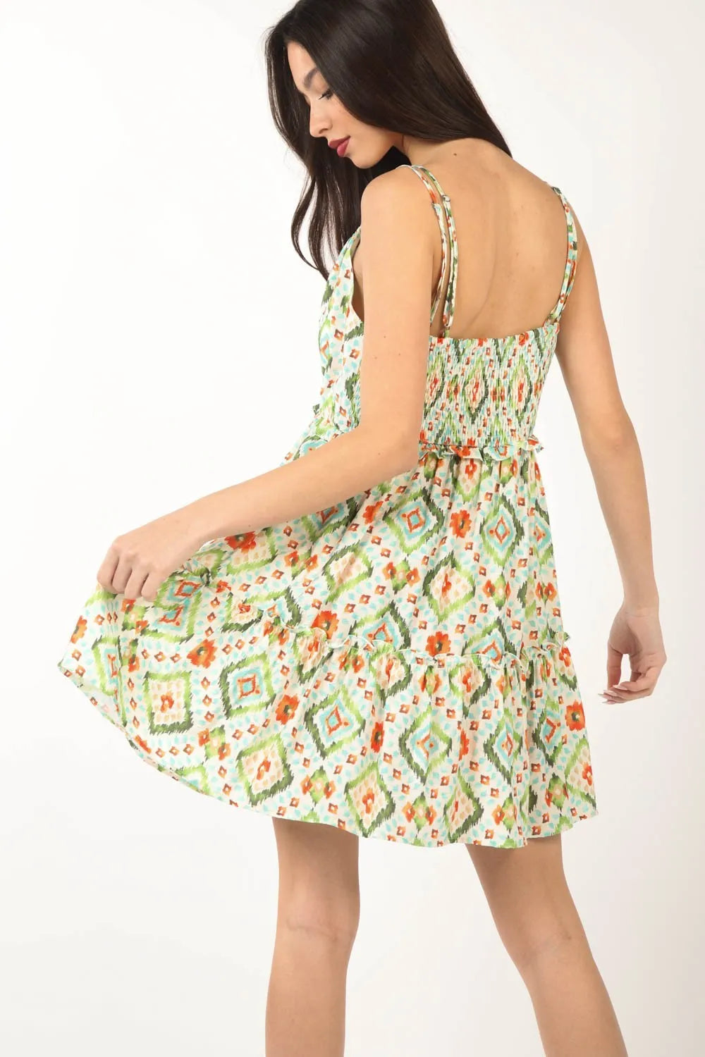 VERY J Floral Back Smocked Ruffled Mini Dress - Green / S