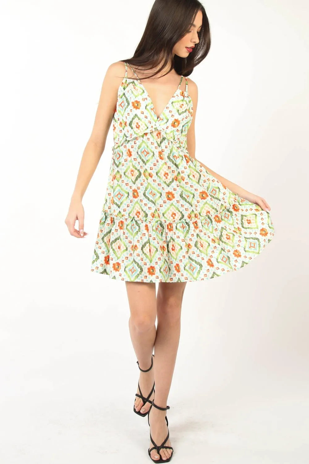 VERY J Floral Back Smocked Ruffled Mini Dress - Green / S