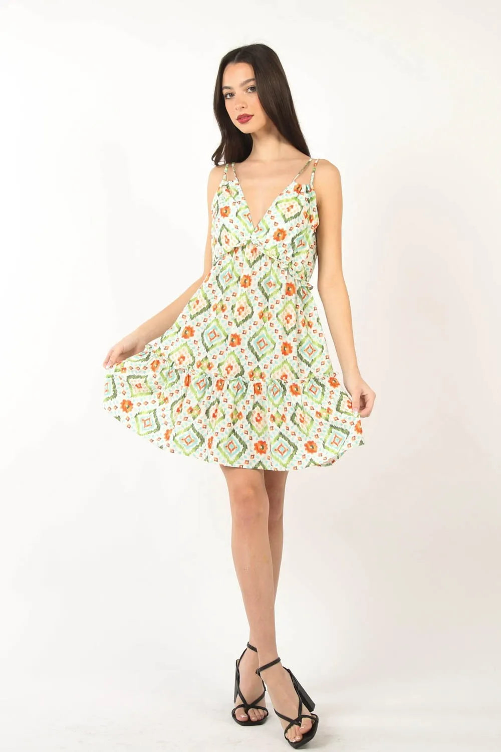 VERY J Floral Back Smocked Ruffled Mini Dress - Green / S