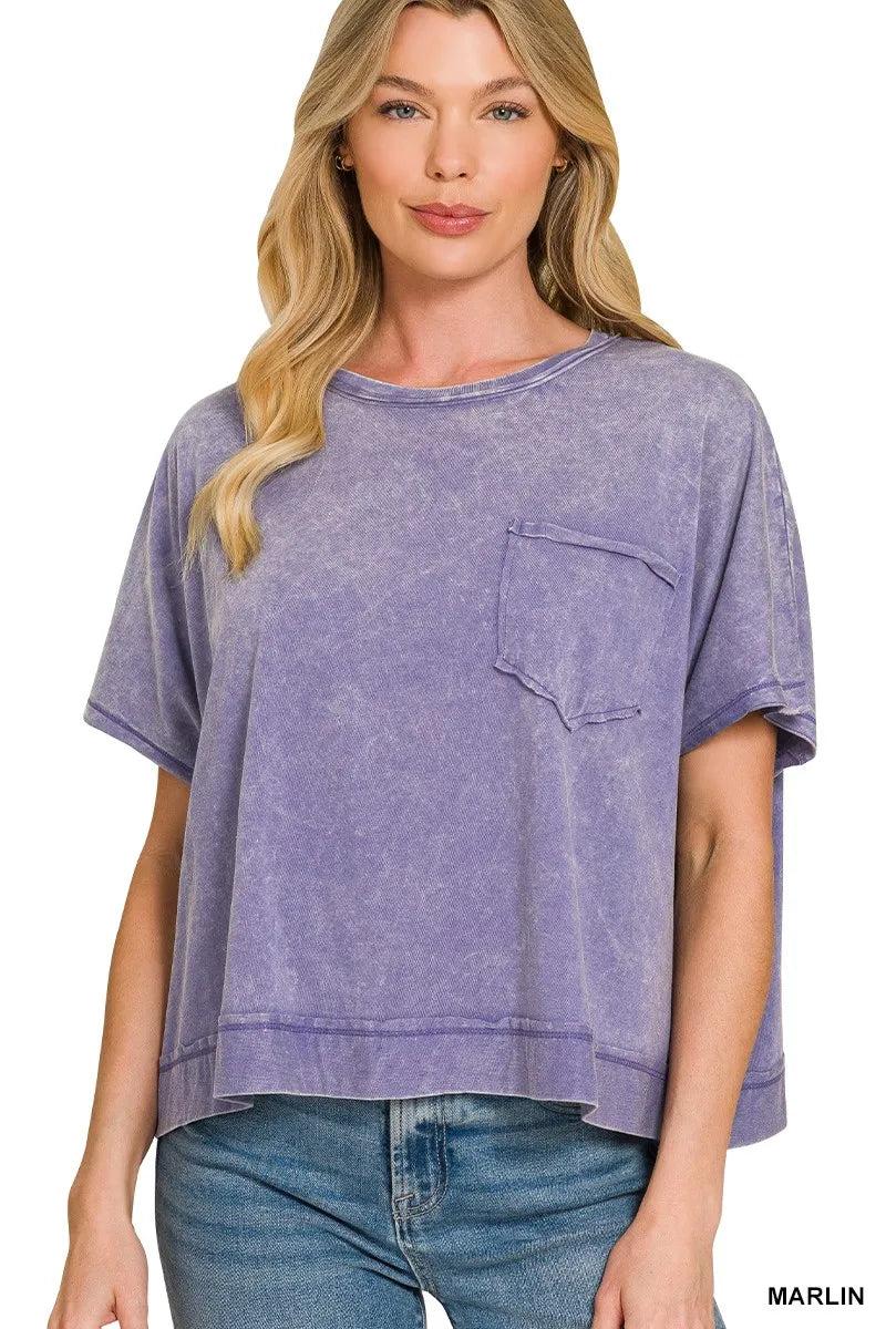 Zenana Acid Washed Round Neck Short Sleeve Oversized T-Shirt - MARLIN / S