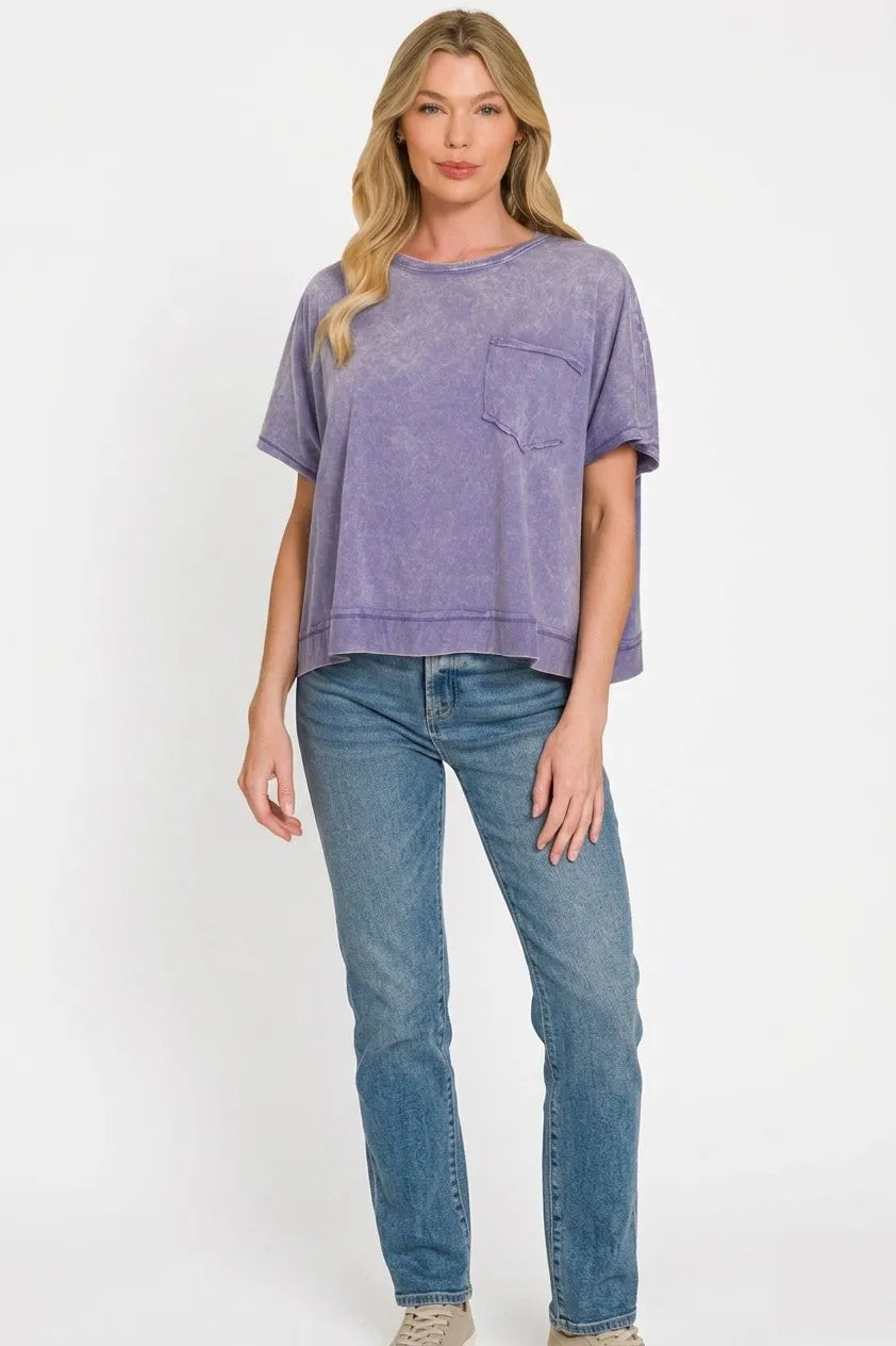 Zenana Acid Washed Round Neck Short Sleeve Oversized T-Shirt - MARLIN / S