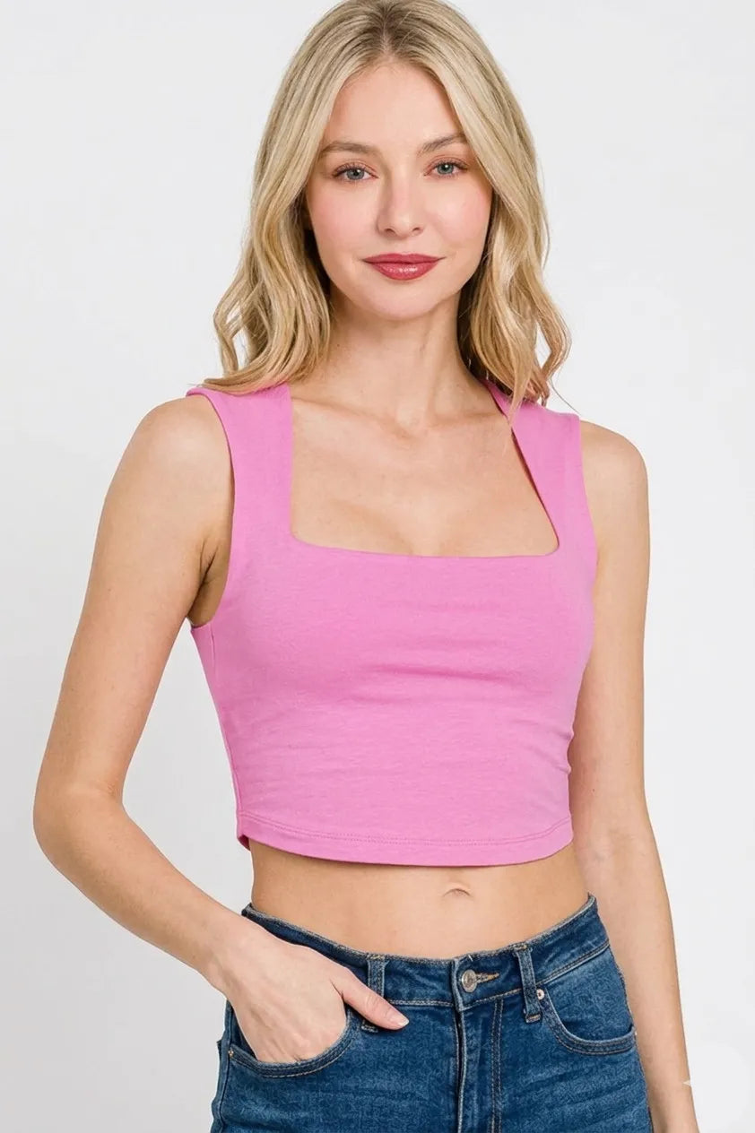 Zenana Double Layered Square Neck Cropped Tank Top - CANDY PINK / S