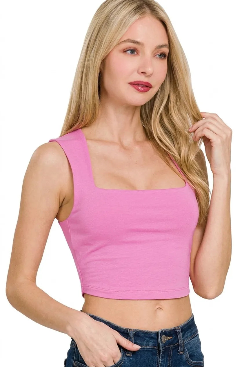 Zenana Double Layered Square Neck Cropped Tank Top - CANDY PINK / S