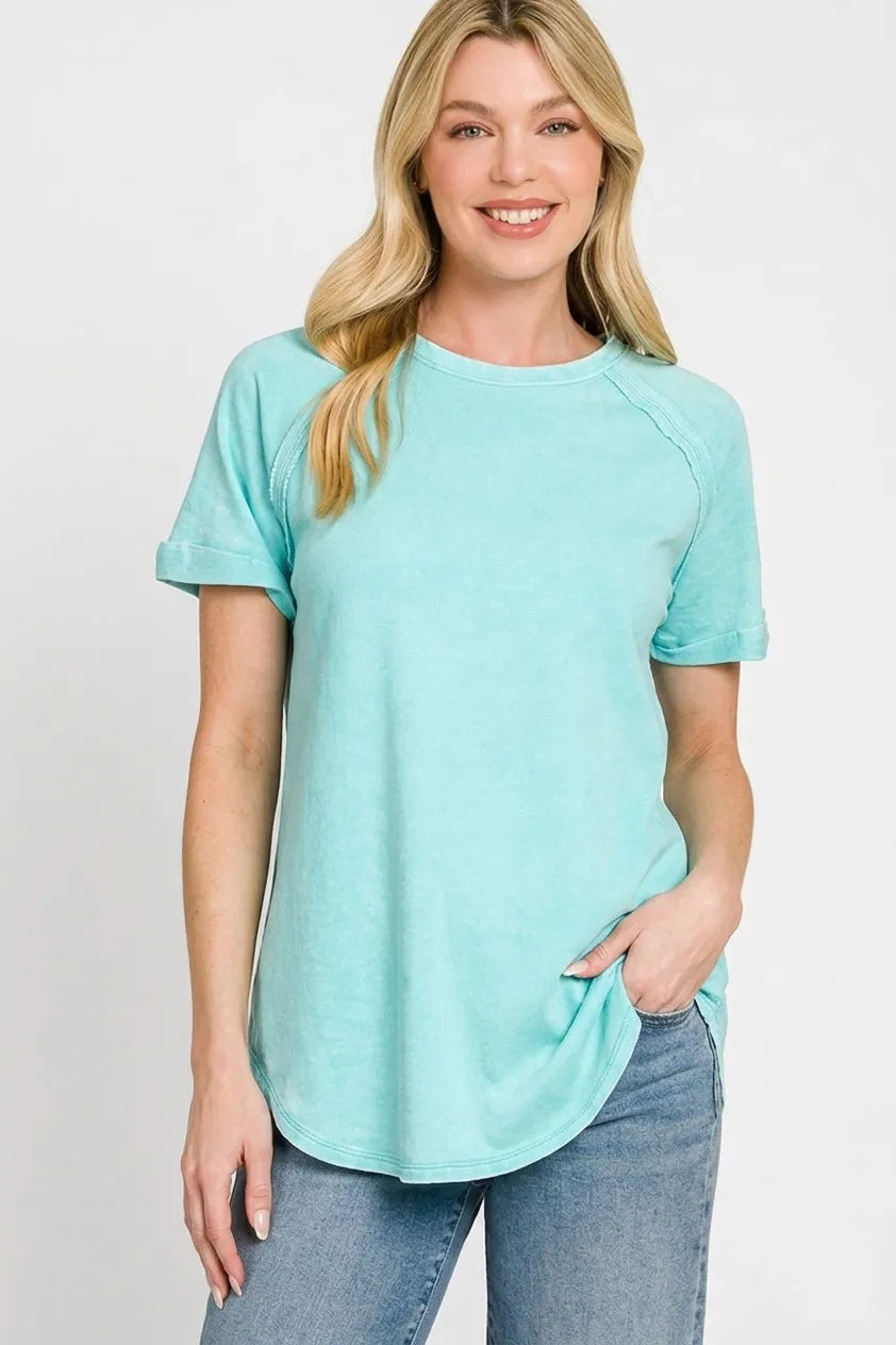 Zenana French Terry Washed Curved Hem Top - MINT SKY / S