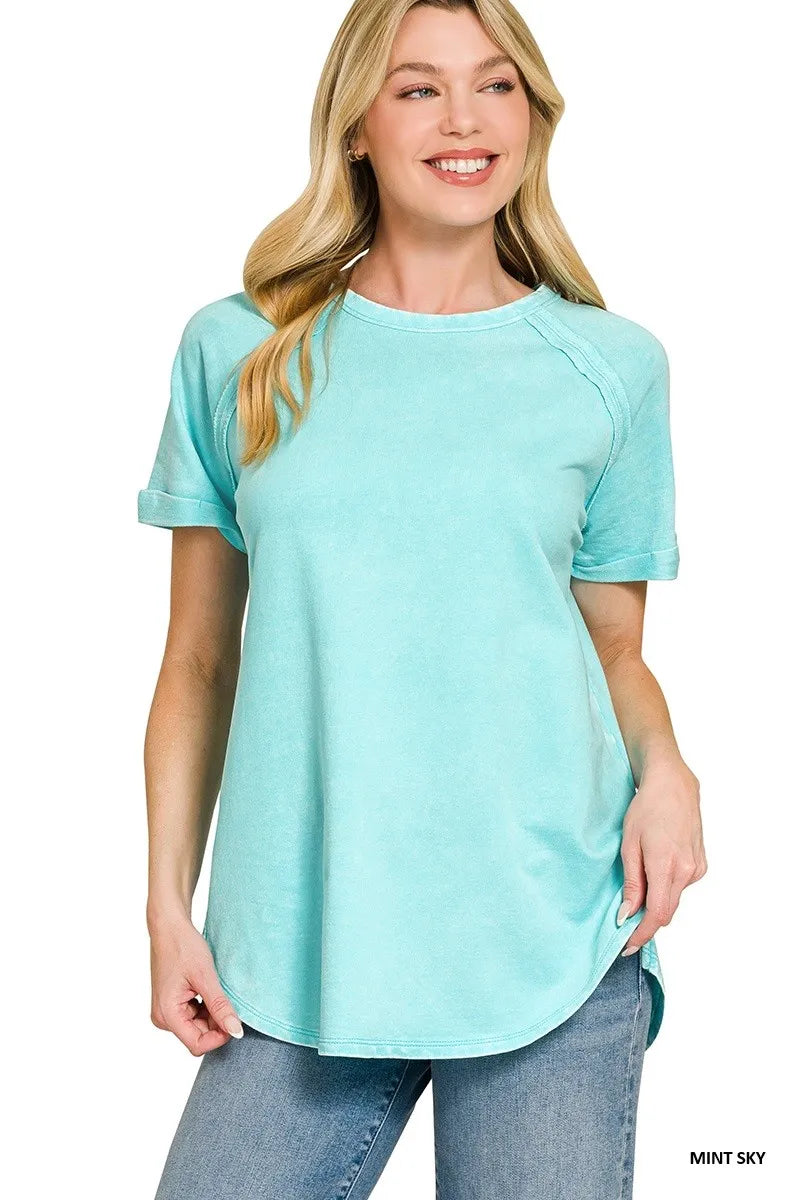Zenana French Terry Washed Curved Hem Top - MINT SKY / S
