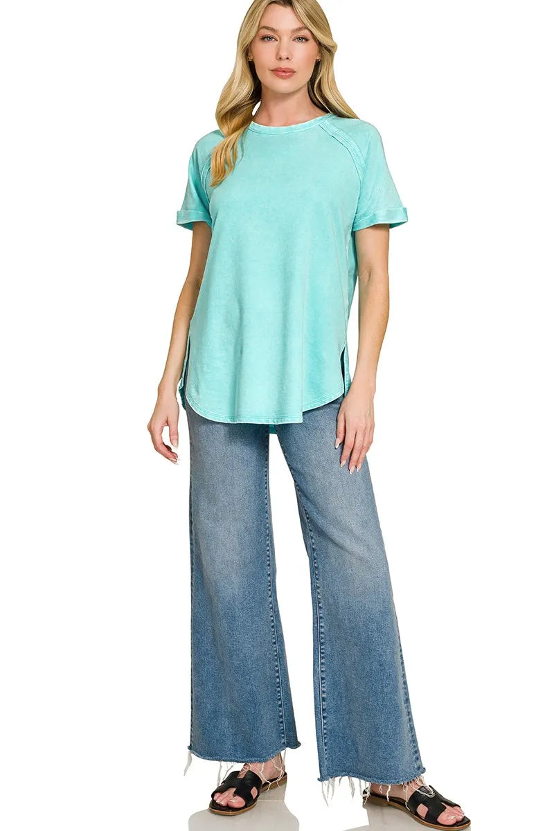 Zenana French Terry Washed Curved Hem Top - MINT SKY / S