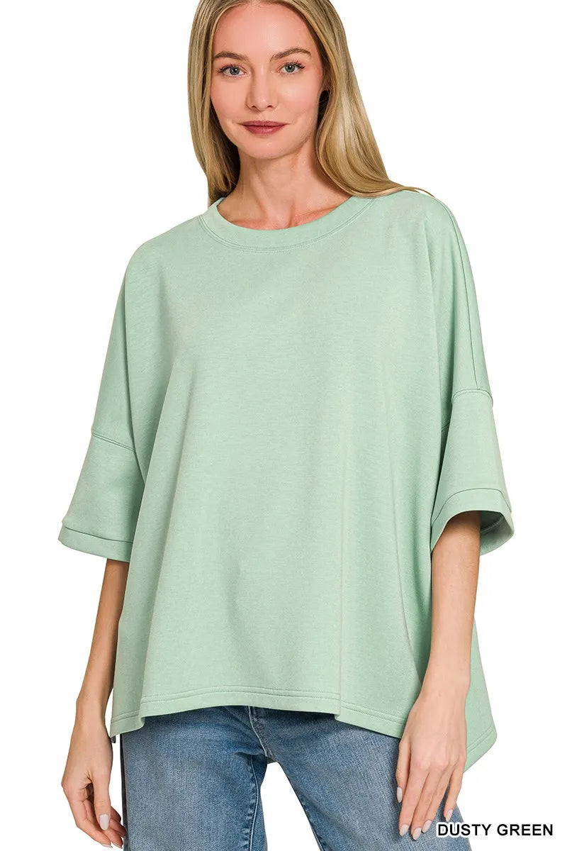 Zenana Full Size Scuba Round Neck Top With Side Slits Plus Size - DUSTY GREEN / S/M