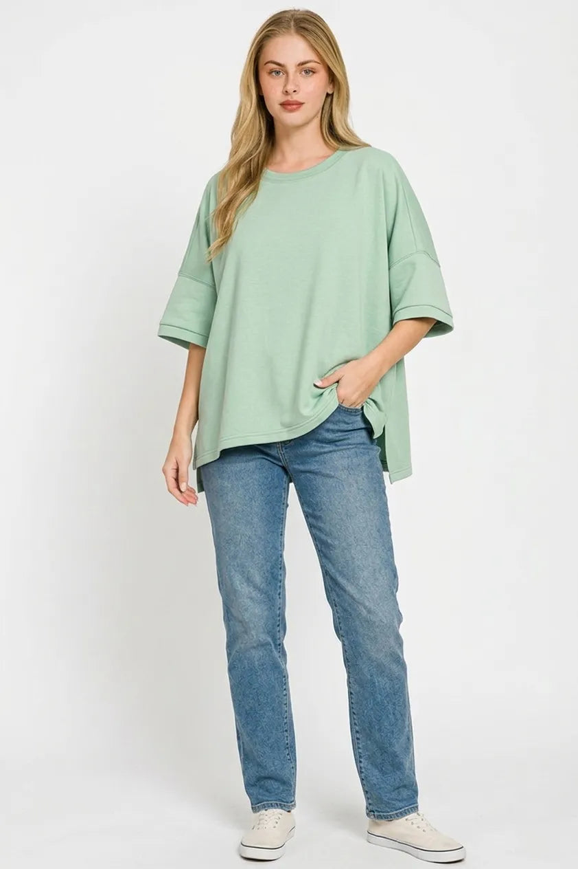 Zenana Full Size Scuba Round Neck Top With Side Slits Plus Size - DUSTY GREEN / S/M