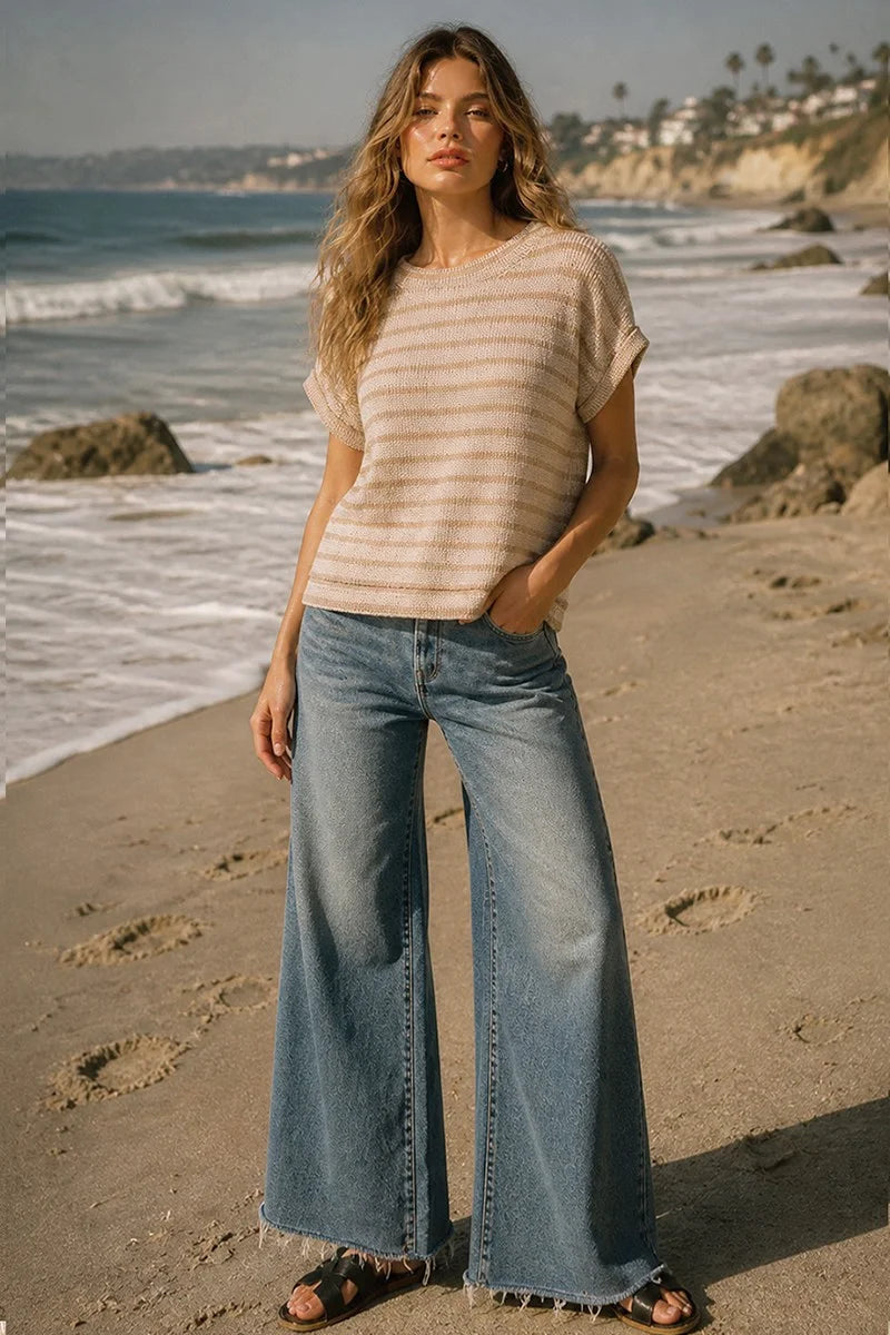 Zenana Raised Rib Striped Top - ASH MOCHA / S