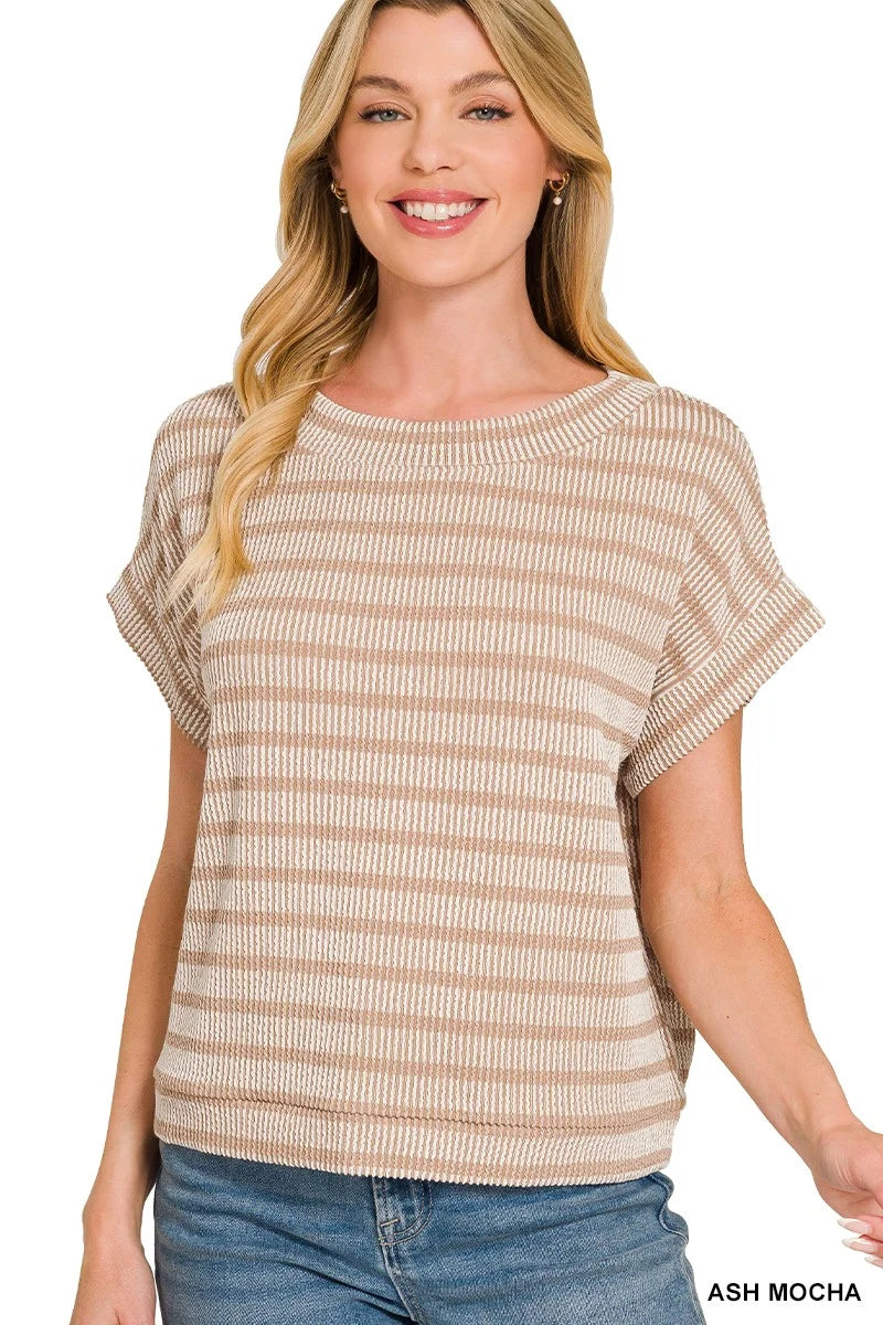 Zenana Raised Rib Striped Top - ASH MOCHA / S