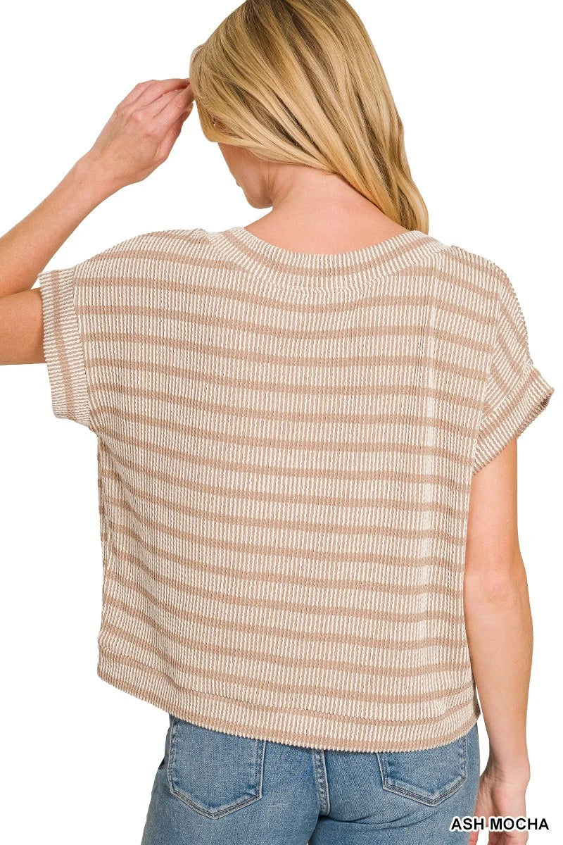 Zenana Raised Rib Striped Top - ASH MOCHA / S