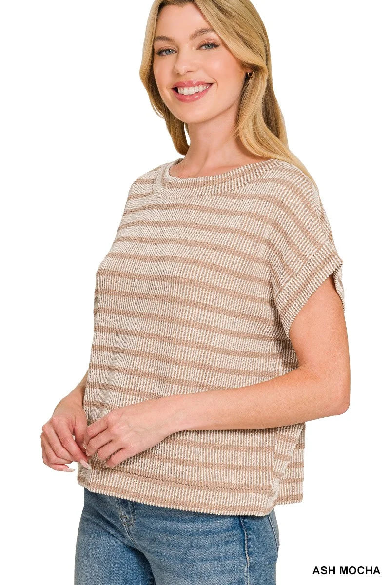 Zenana Raised Rib Striped Top - ASH MOCHA / S