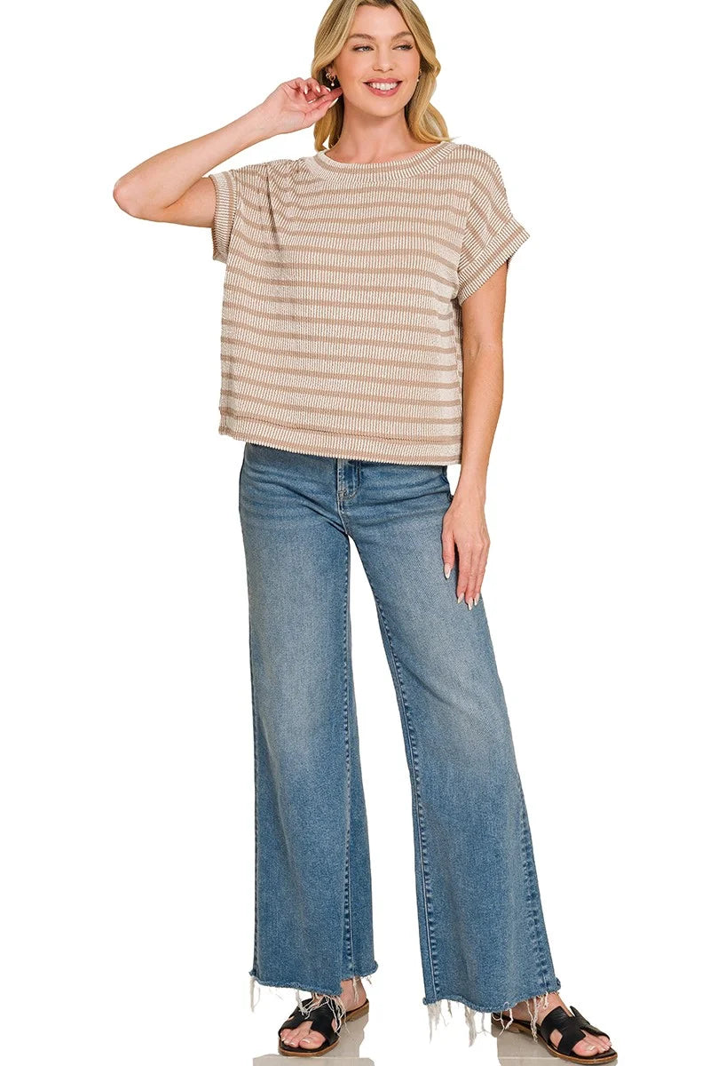 Zenana Raised Rib Striped Top - ASH MOCHA / S