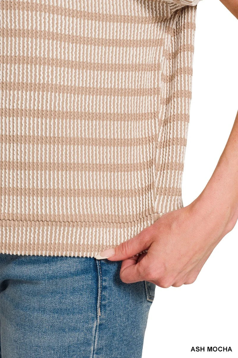 Zenana Raised Rib Striped Top - ASH MOCHA / S