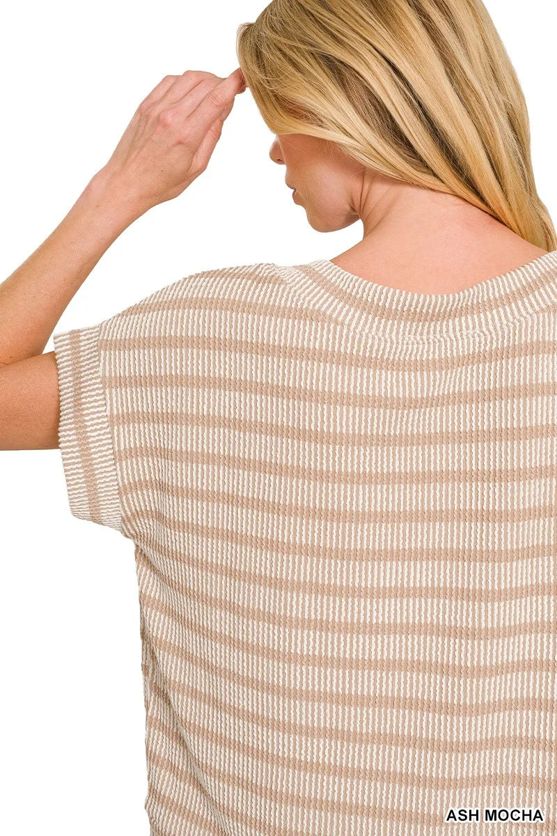 Zenana Raised Rib Striped Top - ASH MOCHA / S
