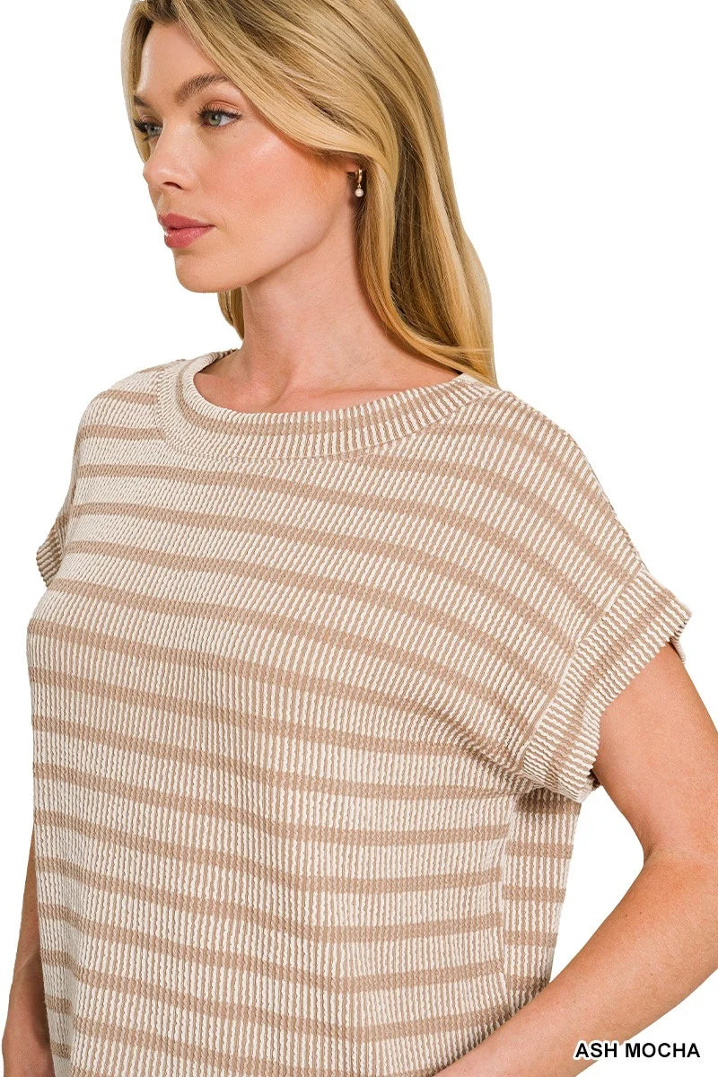 Zenana Raised Rib Striped Top - ASH MOCHA / S