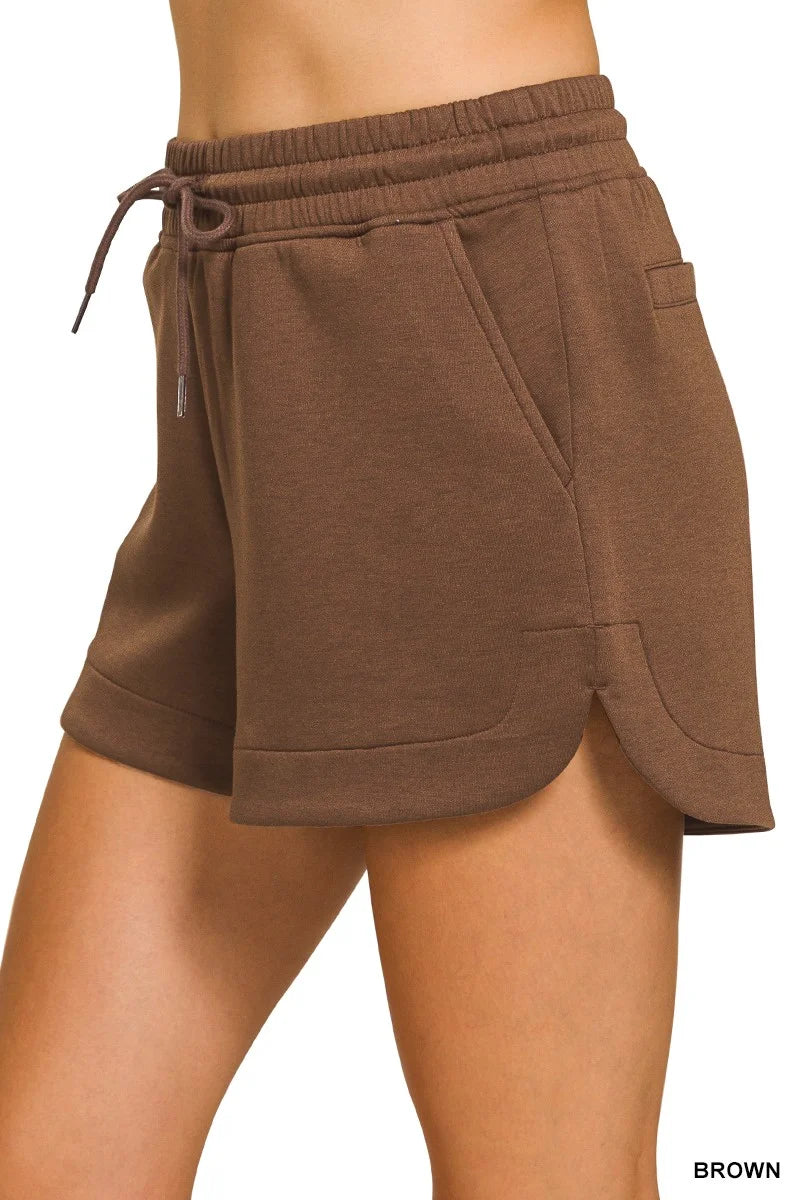 Zenana Scuba Elastic Waistband Shorts With Pocket - BROWN / S