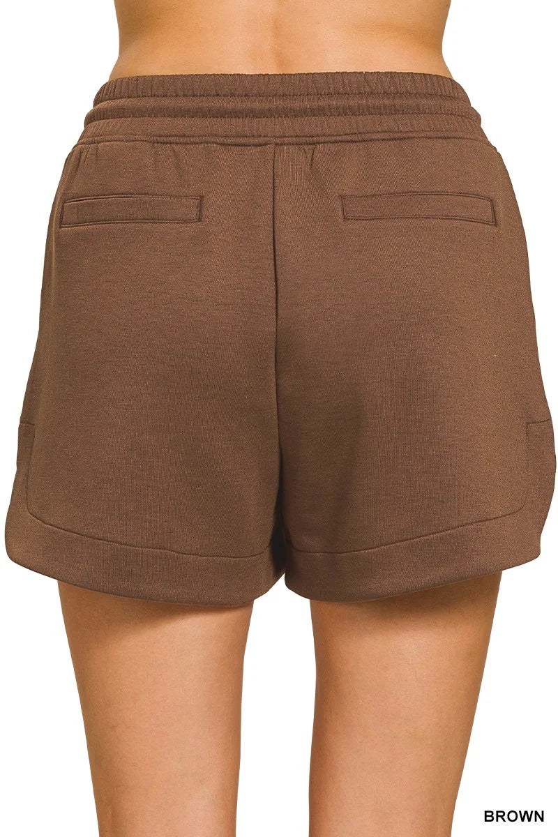 Zenana Scuba Elastic Waistband Shorts With Pocket - BROWN / S