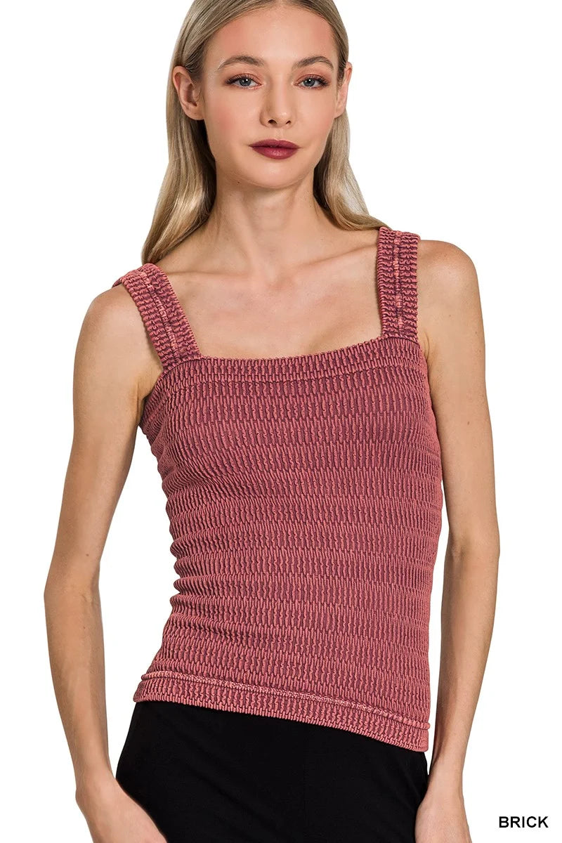 Zenana Seamless Winkle Stone Washed Tank Top - BRICK / S/M
