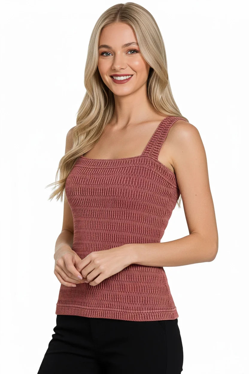 Zenana Seamless Winkle Stone Washed Tank Top - BRICK / S/M
