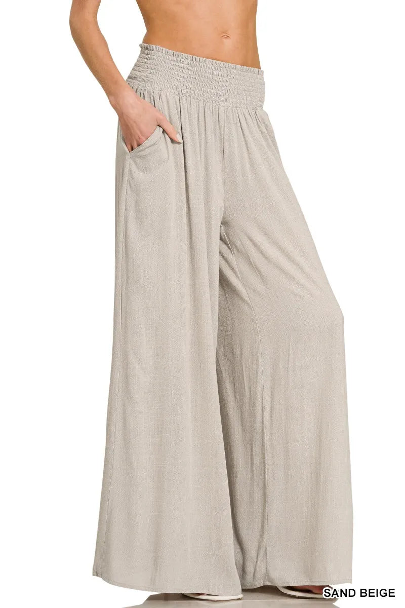 Zenana Smocked Waistband Wide Leg Lounge Pants - Beige - SAND BEIGE / S