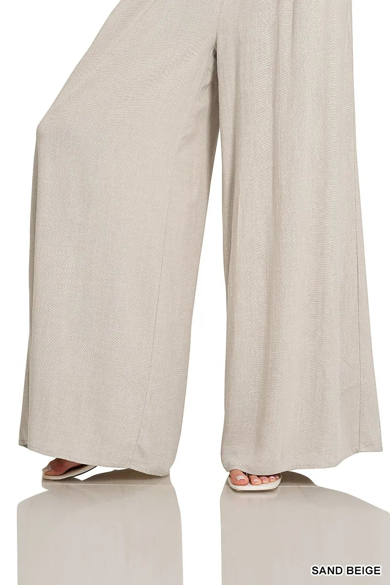 Zenana Smocked Waistband Wide Leg Lounge Pants - Beige - SAND BEIGE / S