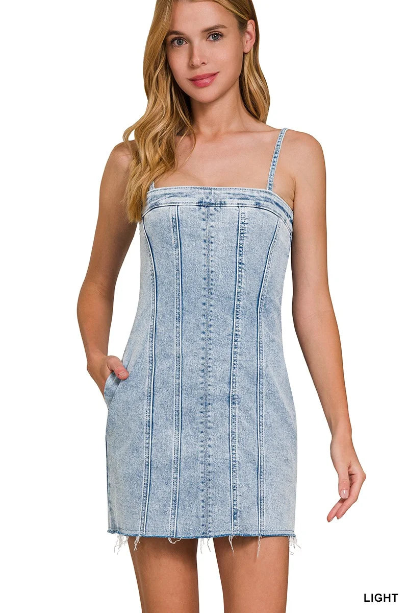 Zenana Spaghetti Strap Exposed Seam Light-Wash Dress - LIGHT / S