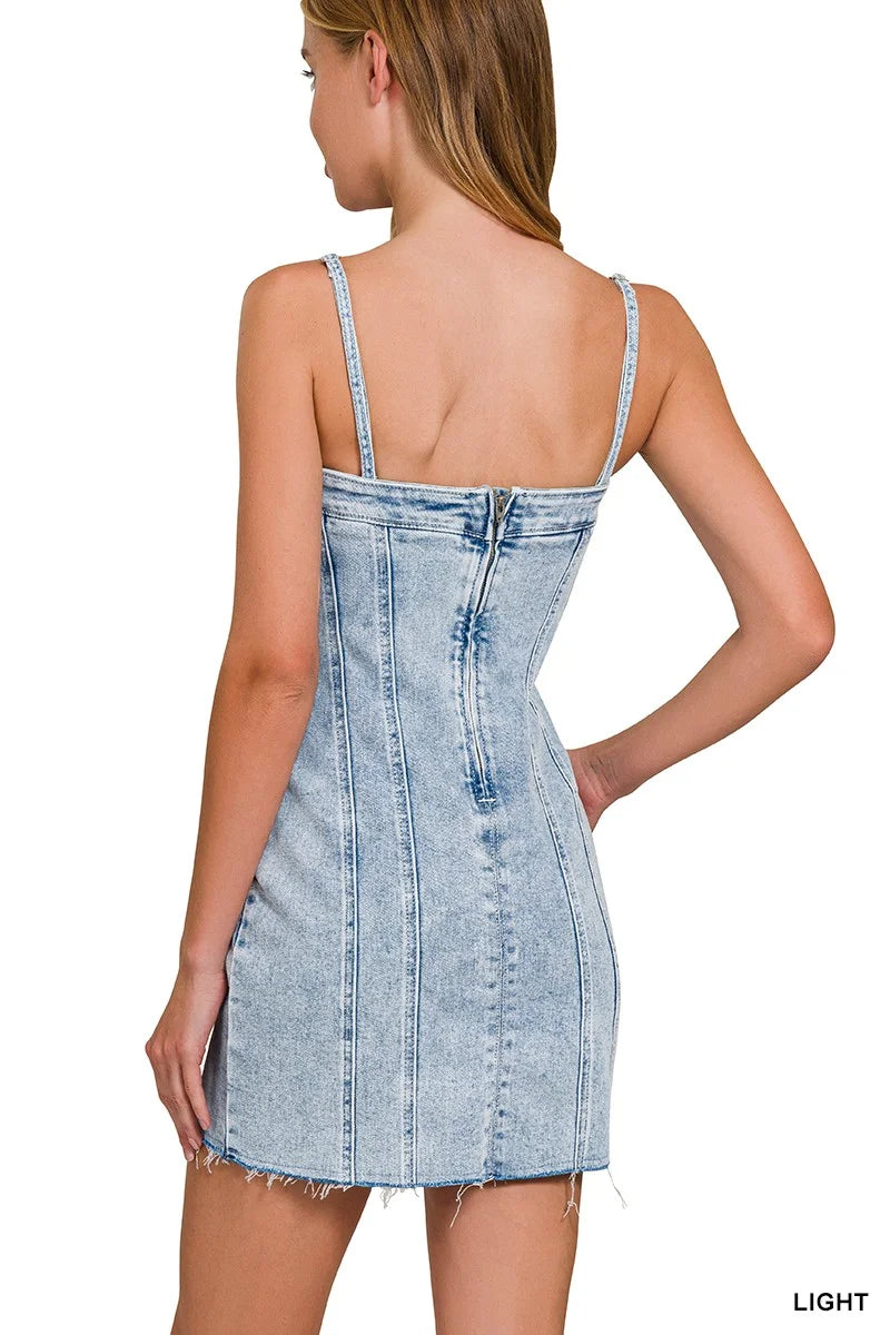 Zenana Spaghetti Strap Exposed Seam Light-Wash Dress - LIGHT / S