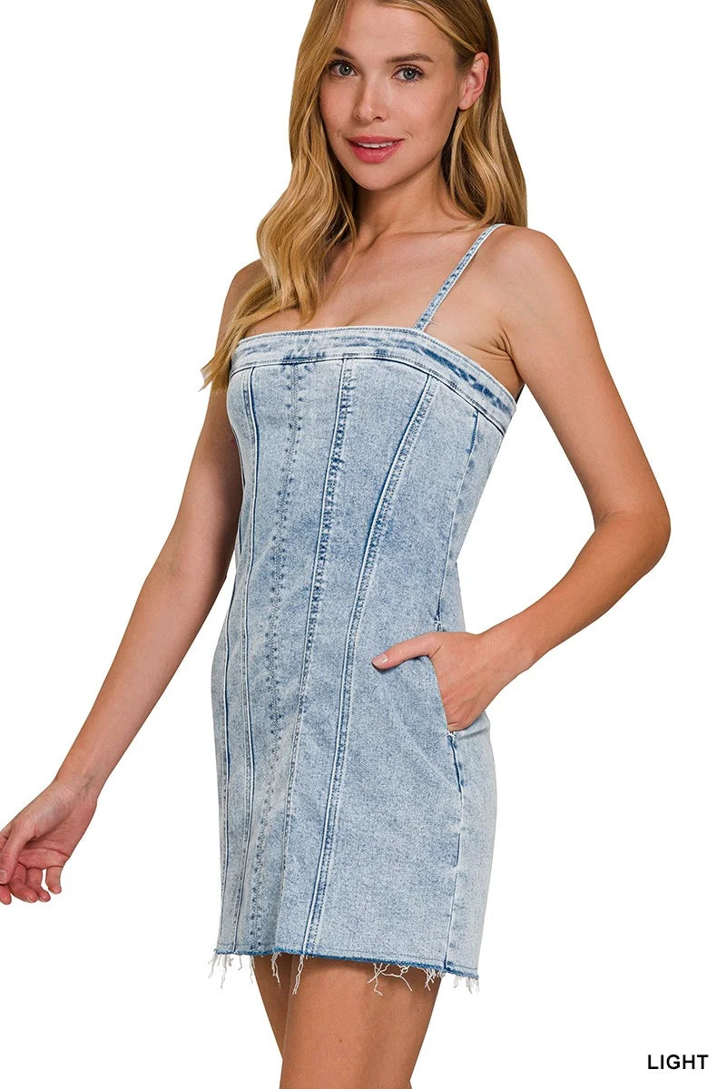 Zenana Spaghetti Strap Exposed Seam Light-Wash Dress - LIGHT / S