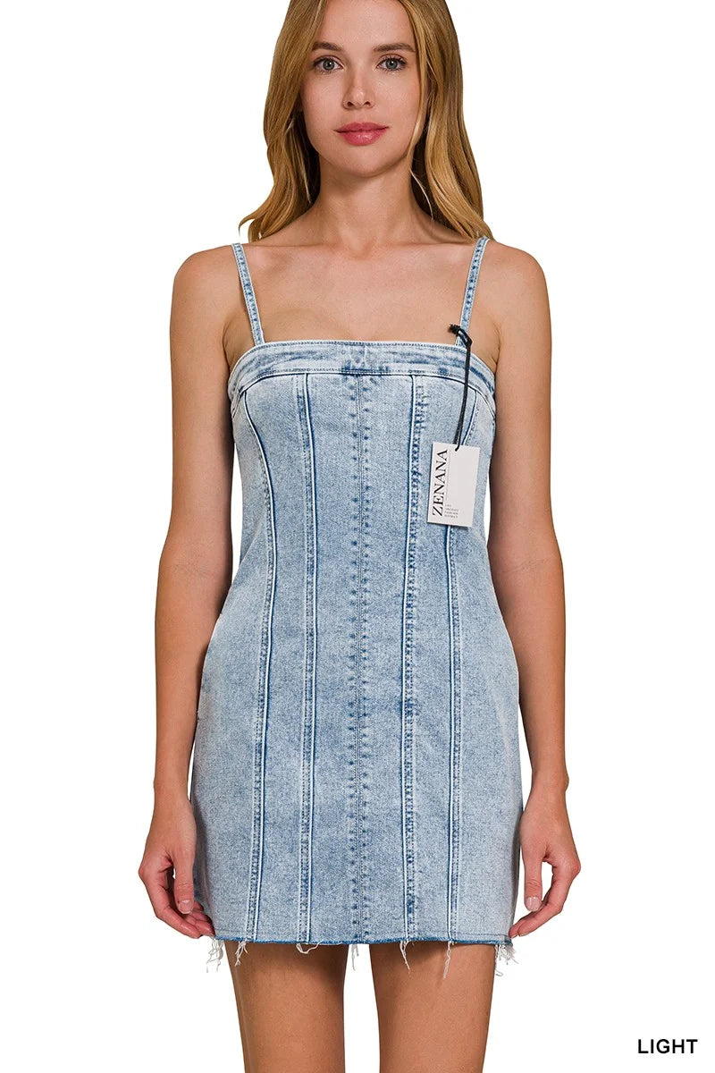 Zenana Spaghetti Strap Exposed Seam Light-Wash Dress - LIGHT / S