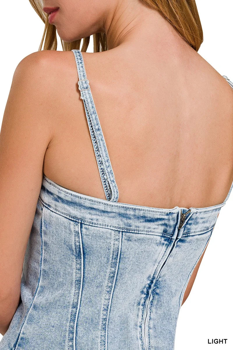 Zenana Spaghetti Strap Exposed Seam Light-Wash Dress - LIGHT / S