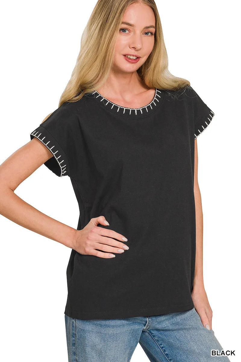 Zenana Stitch Detailed Oversize Top - BLACK / S