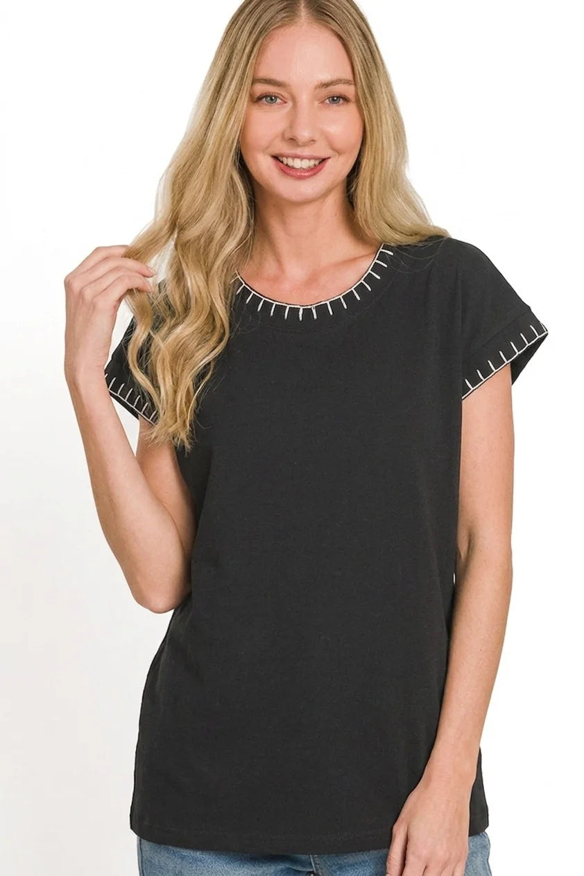 Zenana Stitch Detailed Oversize Top - BLACK / S