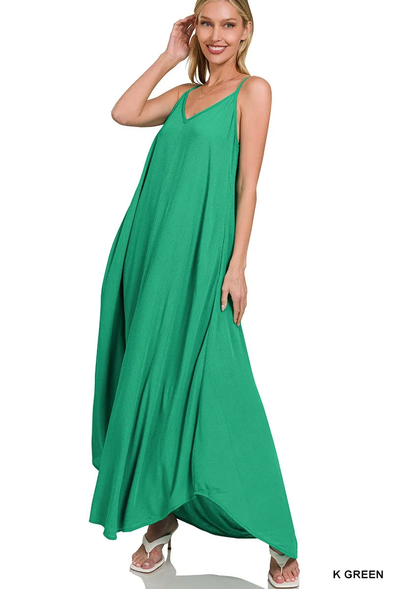 Zenana Woven Crinkle Cami Maxi Dress with Side Pockets - GREEN / S