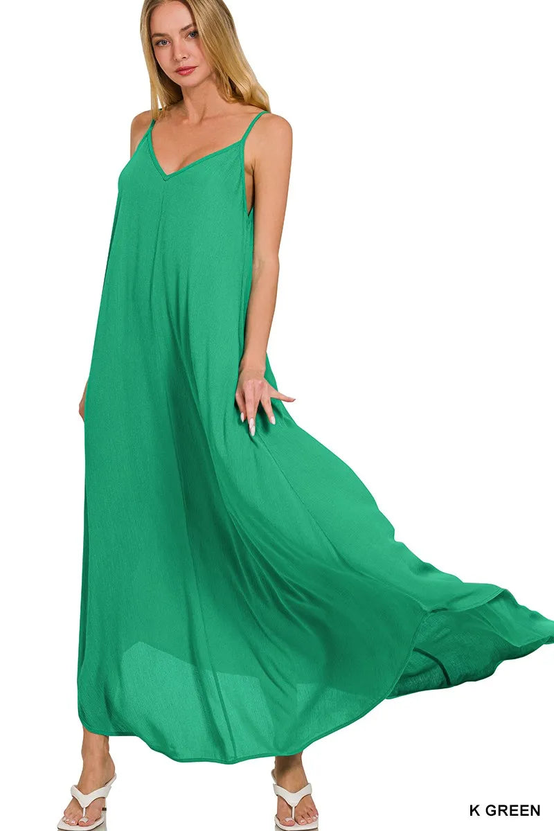 Zenana Woven Crinkle Cami Maxi Dress with Side Pockets - GREEN / S