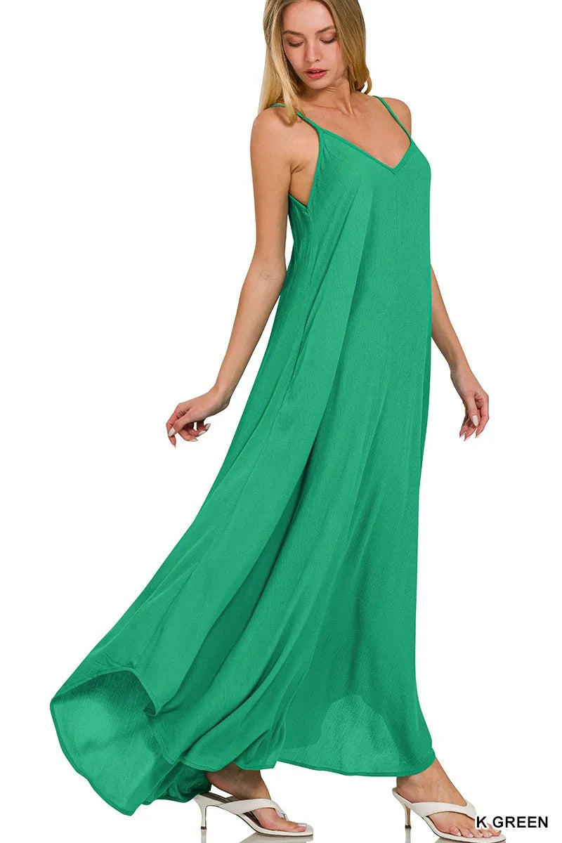 Zenana Woven Crinkle Cami Maxi Dress with Side Pockets - GREEN / S