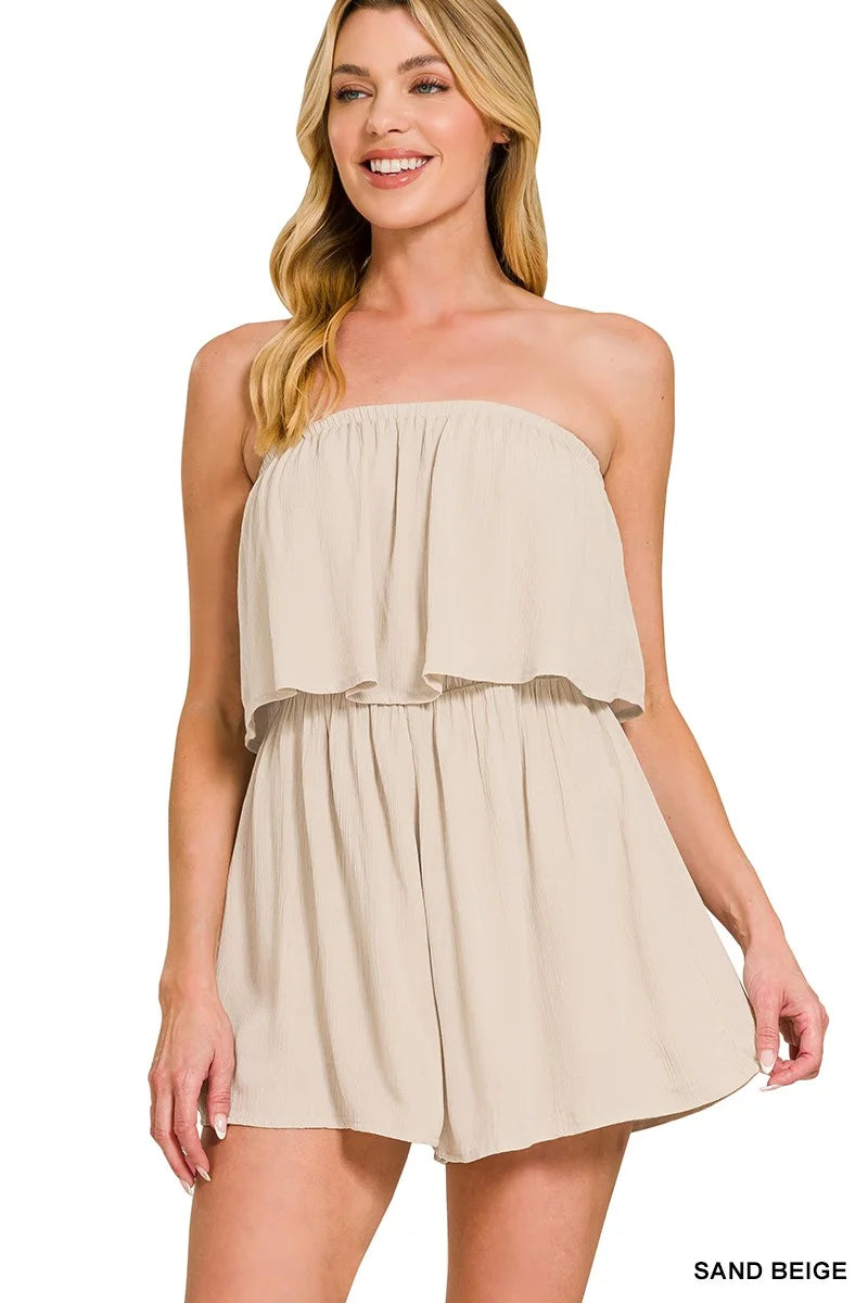 Zenana Woven Crinkle Strapless Rompers - Beige - SAND BEIGE / S