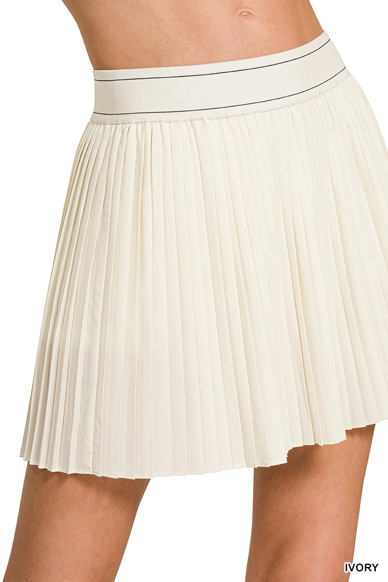 Zenana Woven High Waist Knife-Pleat Mini Skirt Lined Inner Pants - IVORY / S