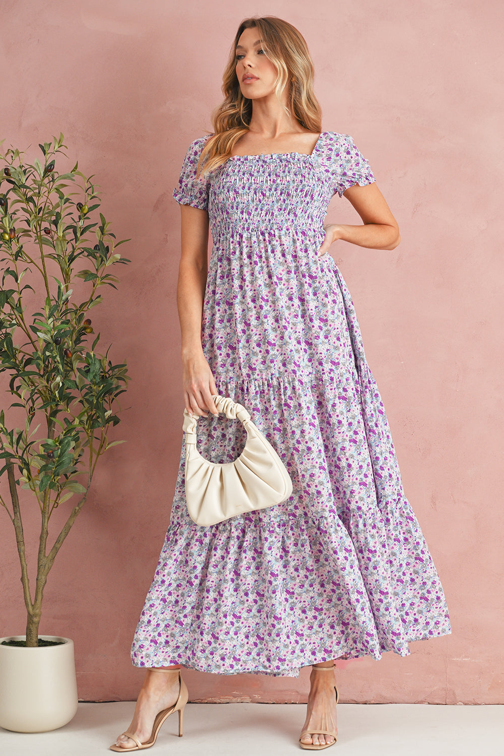 Green Floral Short Bubble Sleeve Shirred High Waist Maxi Dress