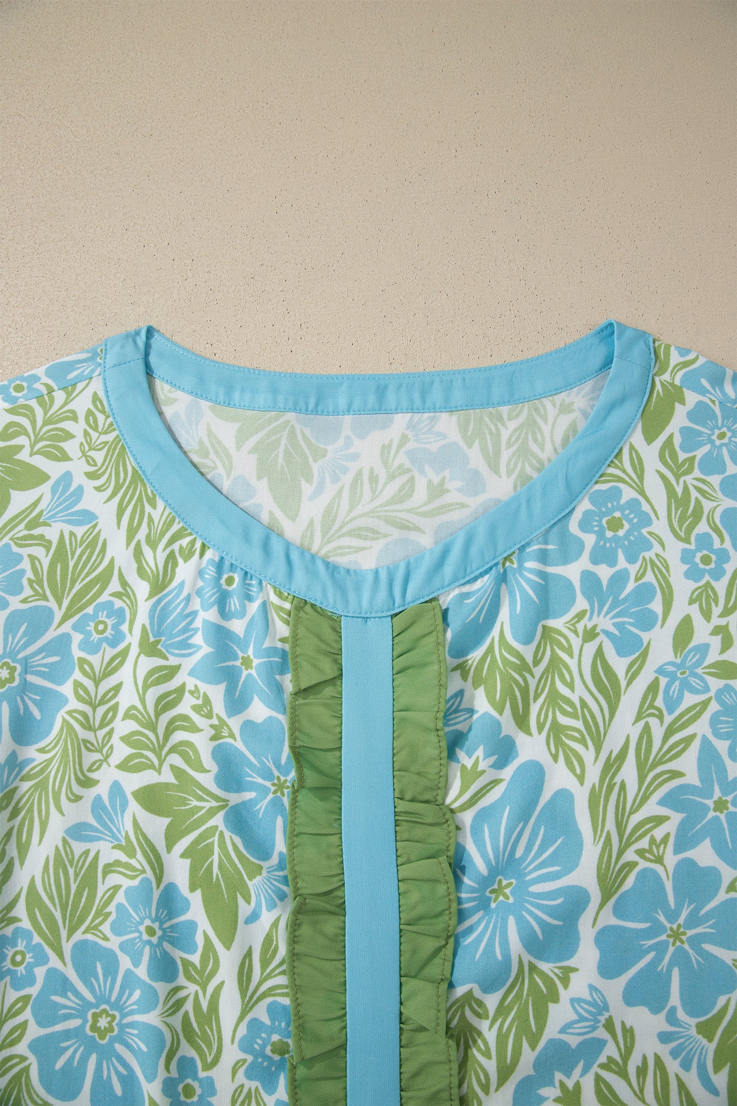 Purple Floral Print Ruffled Color Block Trim Half Sleeve Blouse