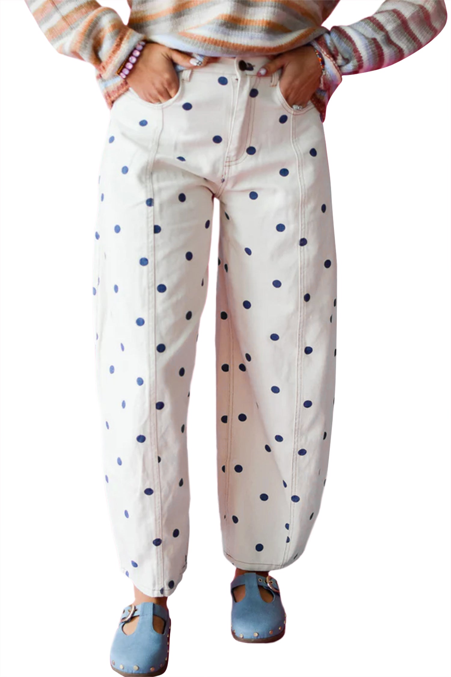 Pink Polka Dot Print Seam Detail Barrel Jeans
