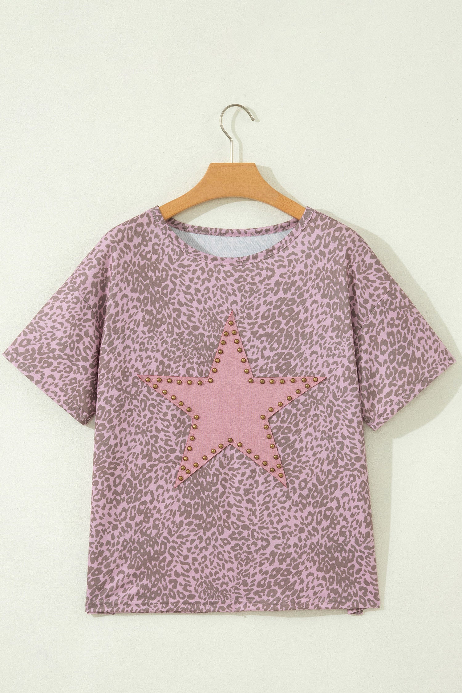 Khaki Leopard Retro Studded Star Patch Loose Tee