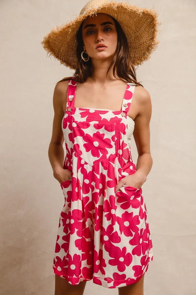 BiBi Floral Prints Tuck Detail Short Overall With Pockets - FUCHSIA / S