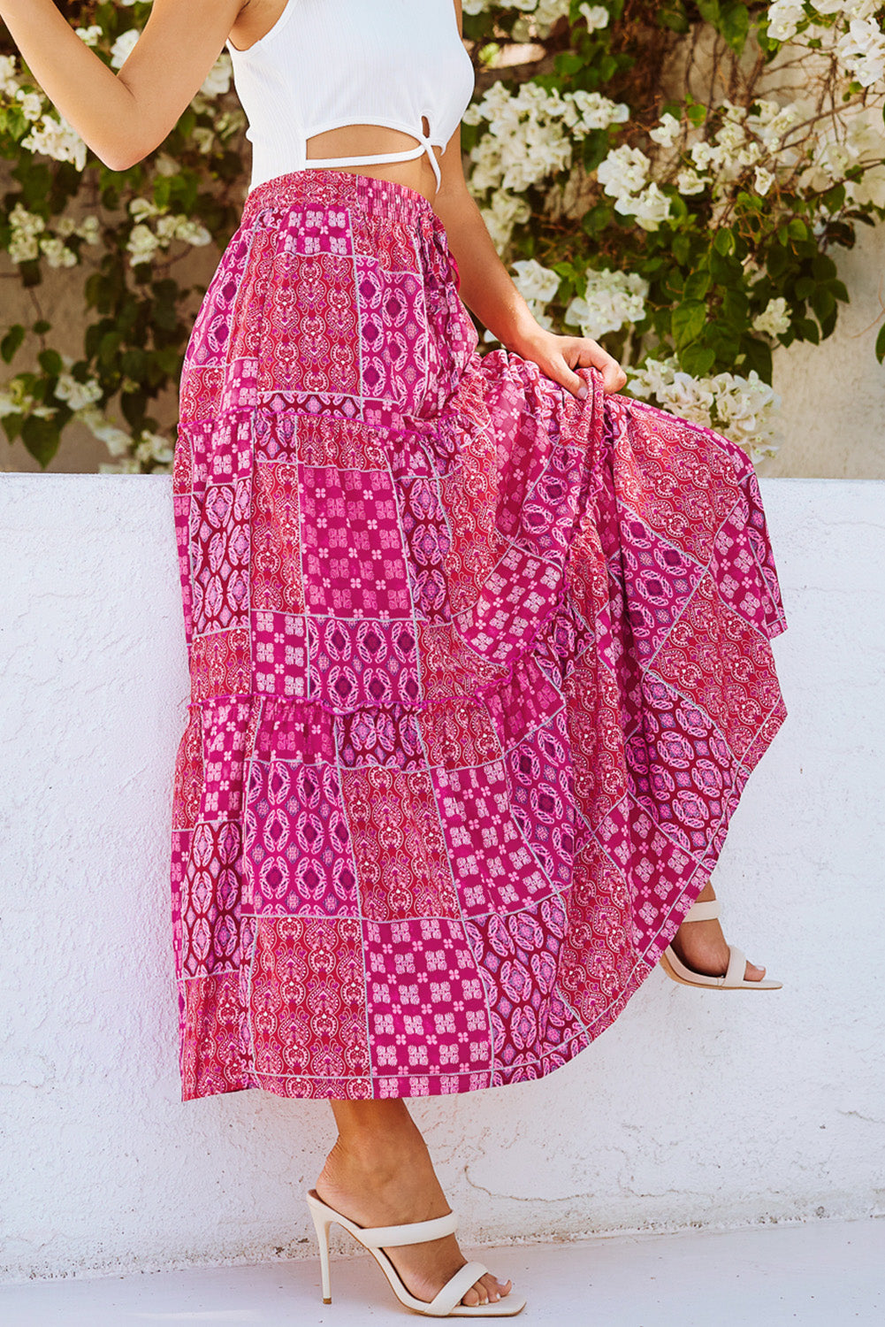 Orange Tiered Paisley Print Pocketed Maxi Skirt
